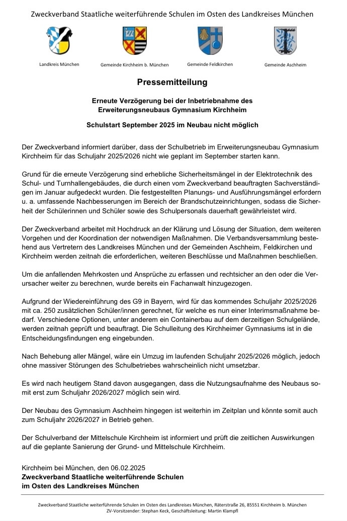 Pressemitteilung 06.02.25 - Erneute Verzögerung bei der Inbetriebnahme des Erweiterungsneubaus Gymnasium Kirchheim